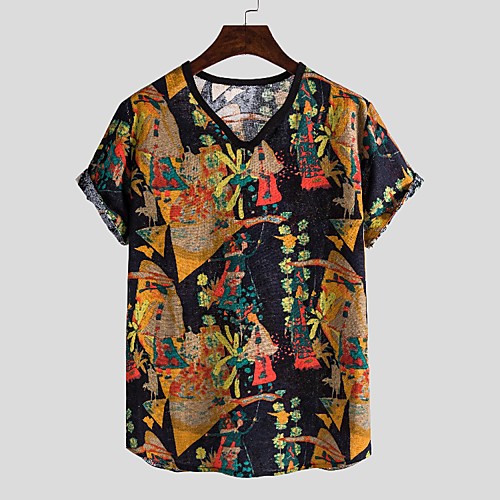 

Men's T shirt Other Prints Graphic Short Sleeve Casual Tops Ethnic Style V Neck Black / Summer