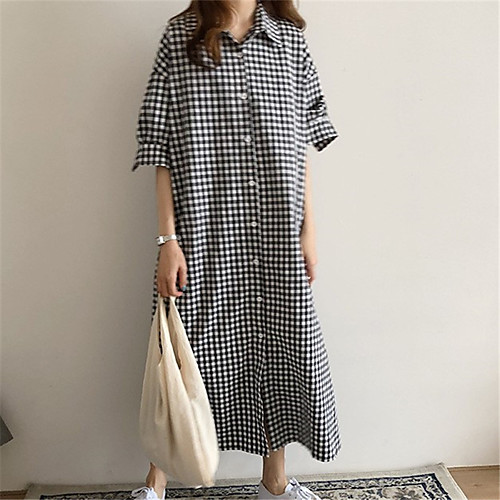 

Women's Swing Dress Maxi long Dress lattice Long Sleeve Plaid / Check Spring Summer Casual Loose 2021 S M L XL