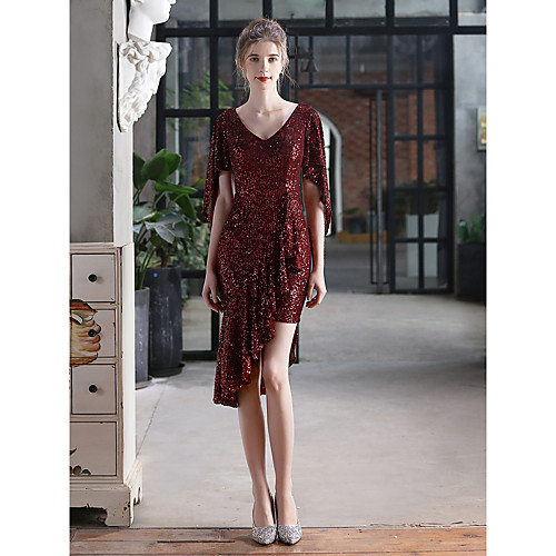 

Mermaid / Trumpet Sparkle Sexy Cocktail Party Dress V Neck Short Sleeve Asymmetrical Sequined with Sequin 2021