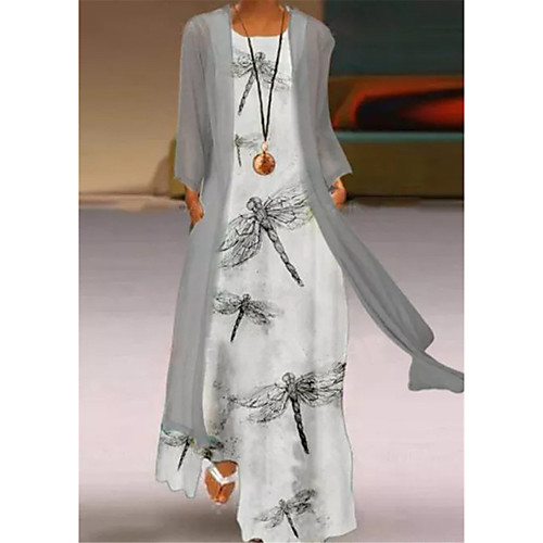 

Women's Shift Dress Maxi long Dress Blue Gray Long Sleeve Animal Print Summer Round Neck Casual Holiday 2021 M L XL XXL 3XL