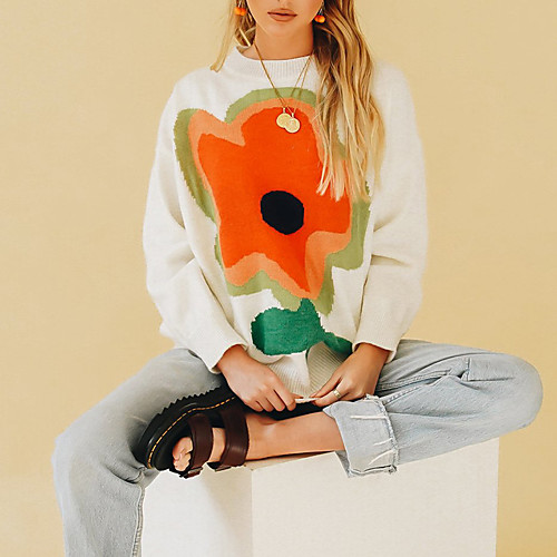 

Women's Stylish Floral Sweater Long Sleeve Sweater Cardigans Crew Neck Fall Spring White Black