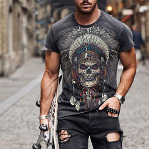 

Men's Tee T shirt Shirt 3D Print Graphic Skull Plus Size Short Sleeve Casual Tops Basic Designer Slim Fit Big and Tall Gray