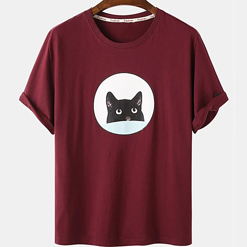

Men's Unisex Tee T shirt Hot Stamping Cat Graphic Prints Animal Plus Size Print Short Sleeve Casual Tops Cotton Basic Designer Big and Tall Wine