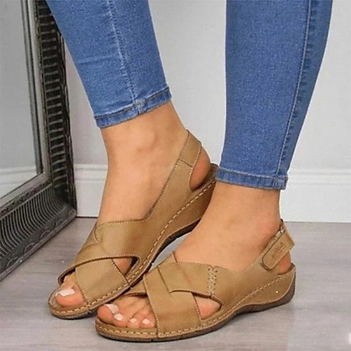 

Women's Sandals Comfort Shoes Wedge Heel Round Toe PU Solid Colored Blue Pink Brown