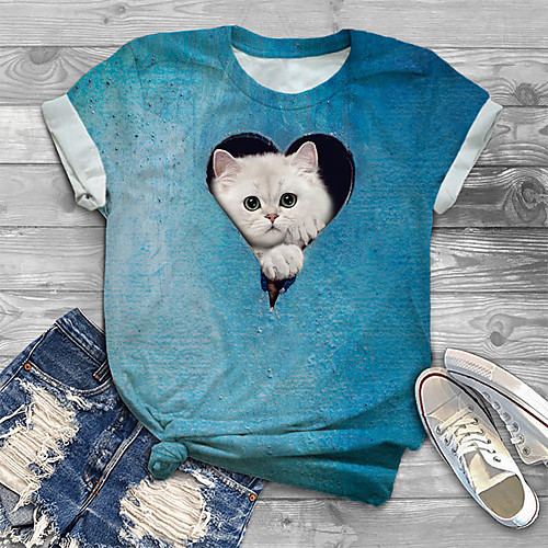 

Women's Plus Size Tops T shirt Cat Graphic Butterfly Print Short Sleeve Crewneck Basic Summer Blue Big Size XL XXL 3XL 4XL 5XL