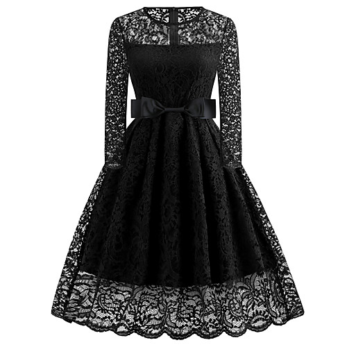 

A-Line Little Black Dress Elegant Party Wear Formal Evening Dress Jewel Neck Long Sleeve Tea Length Spandex with Lace Insert 2021