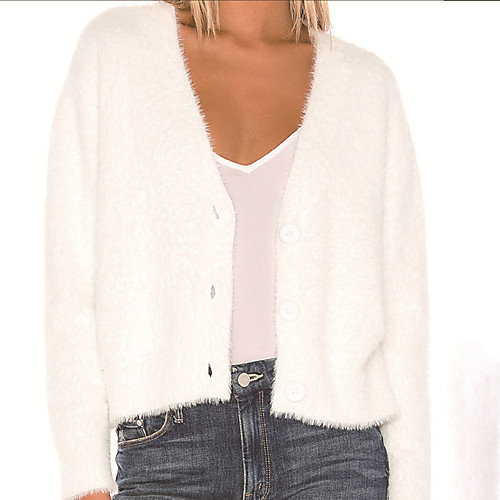 

Women's Solid Color Sweater Long Sleeve Sweater Cardigans V Neck White