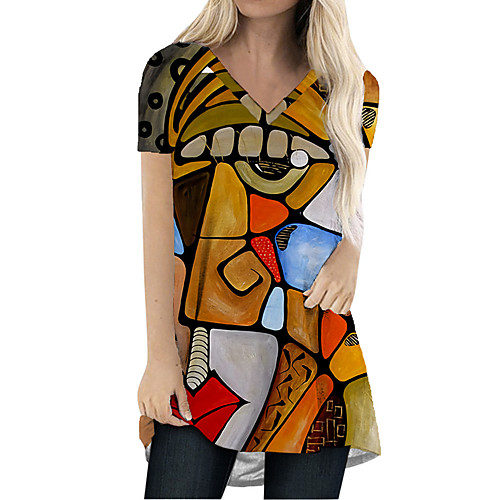 

Women's T Shirt Dress Tee Dress Short Mini Dress Yellow Short Sleeve Color Block Abstract Print Spring Summer V Neck Casual Holiday Loose 2021 S M L XL XXL 3XL