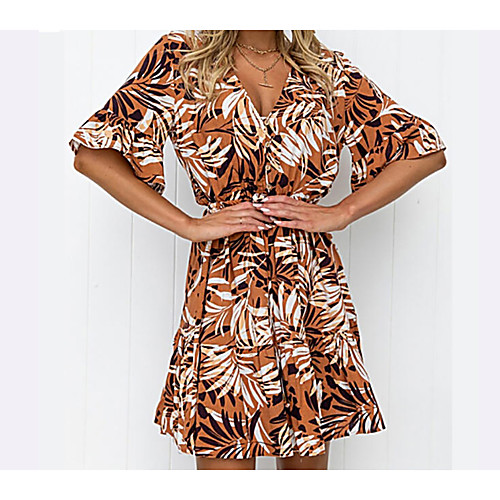 

2021 cross-border women's amazon wish independent station light mature summer v-neck floral skirt printed dress