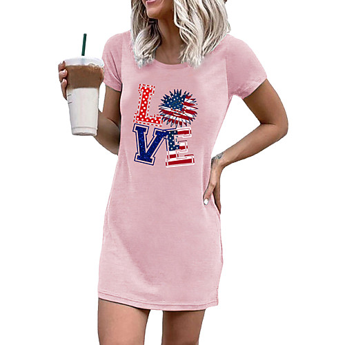 

2021 amazon new base coat independence day creative love letters round neck short-sleeved mini dress women
