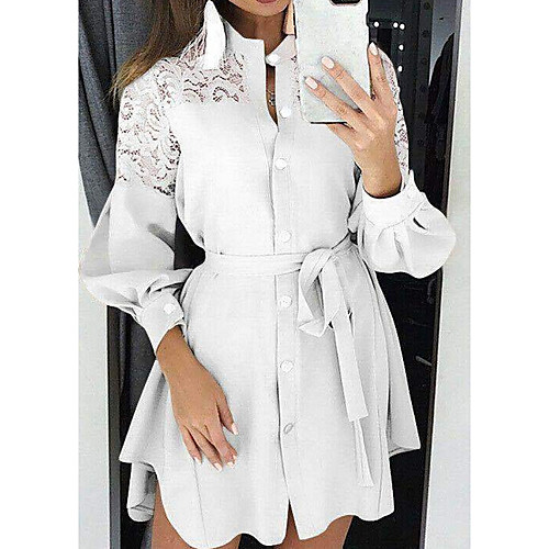 

Women's A Line Dress Short Mini Dress Blue Khaki White Black Red Long Sleeve Solid Color Fall Summer Shirt Collar Elegant Casual 2021 S M L XL XXL 3XL