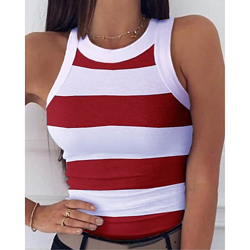 

Women's Tank Top Striped Color Block Print Round Neck Basic Streetwear Tops Purple Red Green