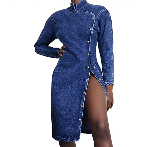 

Women's Sheath Dress Knee Length Dress Denim Blue Long Sleeve Solid Color Spring Summer Casual / Daily 2021 S M L XL 2XL / Denim Dress