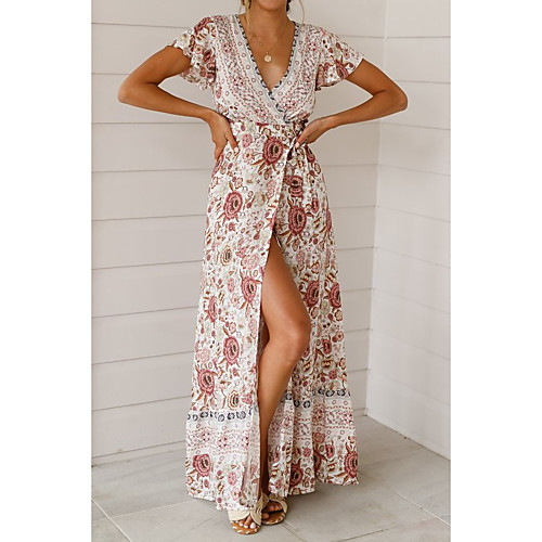 

Women's Tea Dress Maxi long Dress Light Blue Navy Blushing Pink Red Short Sleeve Floral Ladies Flowy Summer V Neck Sexy Boho 2021 S M L XL