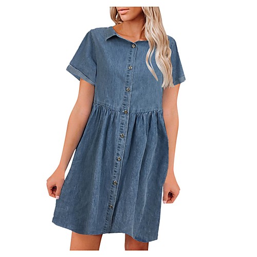 

Women's Denim Dress Knee Length Dress Blue Short Sleeve Solid Color Spring Summer Casual / Daily 2021 S M L XL XXL