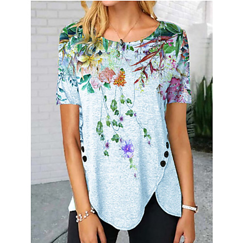 

Women's Floral Theme Painting T shirt Floral Graphic Button Print Round Neck Basic Tops Blue Gray