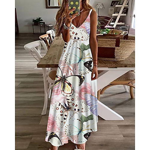 

Women's A Line Dress Maxi long Dress White Sleeveless Butterfly Animal Print Spring Summer V Neck Casual Holiday 2021 S M L XL XXL 3XL