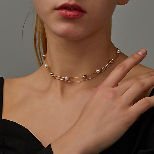 

Simple Gold Pearl Bead White Double Layer Clavicle Chain Temperament Choker Short Round Bead Necklace Female Necklace