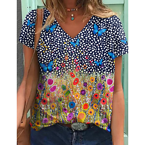 

Women's Floral Theme Butterfly Painting T shirt Floral Butterfly Print V Neck Basic Tops Blue