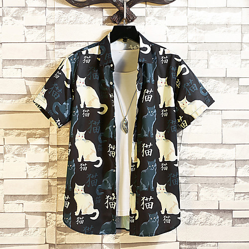 

Men's Shirt Graphic Short Sleeve Casual Tops Fashion Button Down Collar Green Black / Beach