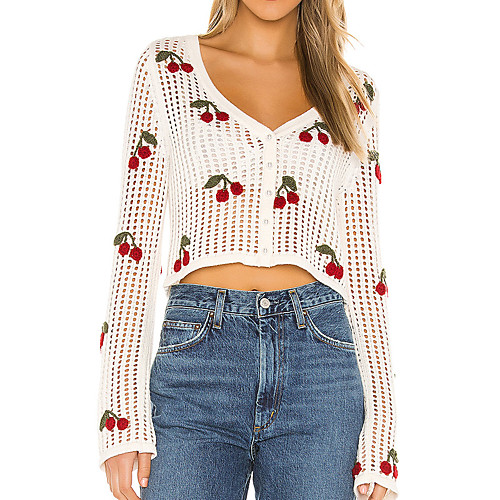 

Women's Floral Cardigan Long Sleeve Sweater Cardigans V Neck White