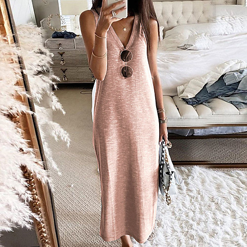 

Women's Shift Dress Maxi long Dress Blushing Pink Gray Sleeveless Solid Color Summer V Neck Casual 2021 S M L XL