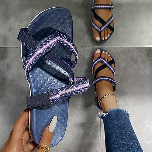 

Women's Sandals Flat Heel Round Toe PU Color Block Black Blue Pink
