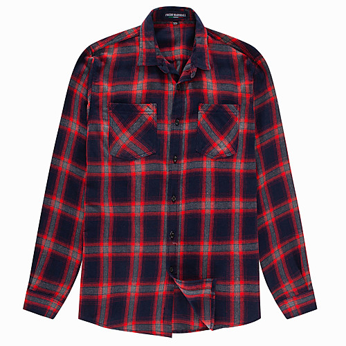 

Men's Shirt Plaid Button-Down Long Sleeve Street Tops Cotton Business Casual Comfortable Red Navy Blue