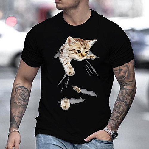

Men's Unisex Tee T shirt Hot Stamping Cat Graphic Prints Plus Size Print Short Sleeve Casual Tops Basic Designer Big and Tall Round Neck Gray White Black / Summer