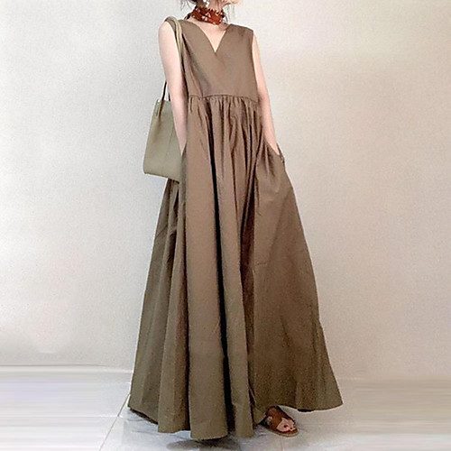 

Women's A Line Dress Black Brown Apricot Sleeveless Solid Color Spring Summer Casual Loose Wave 2021 S M L XL / Cotton / Cotton