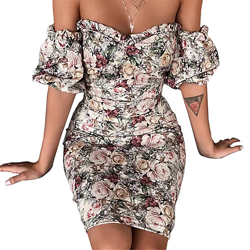 

Women's Sundress Short Mini Dress Beige Short Sleeve Floral Print Print Fall Summer Off Shoulder Casual Holiday Loose 2021 S M L