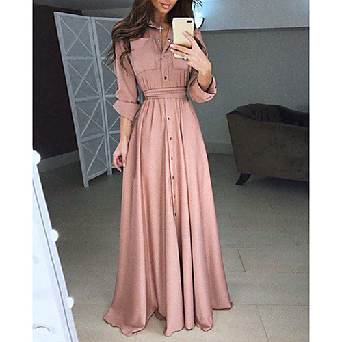 

Women's Chiffon Dress Maxi long Dress Blue Blushing Pink White Black Red Long Sleeve Solid Color Pocket Button Spring Summer Stand Collar Elegant Vintage 2021 S M L XL 2XL 3XL 4XL 5XL