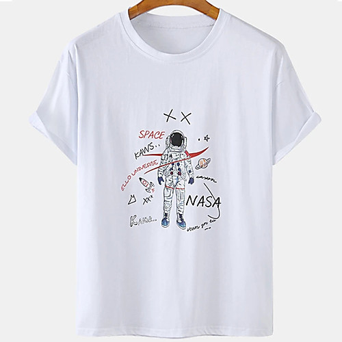 

Men's Unisex Tee T shirt Hot Stamping Graphic Prints Astronaut Plus Size Print Short Sleeve Casual Tops Cotton Basic Designer Big and Tall White