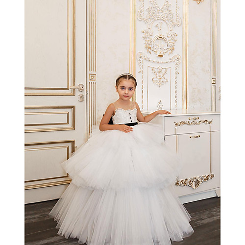 

Princess Floor Length Flower Girl Dresses Party Tulle Sleeveless Strapless with Tiered