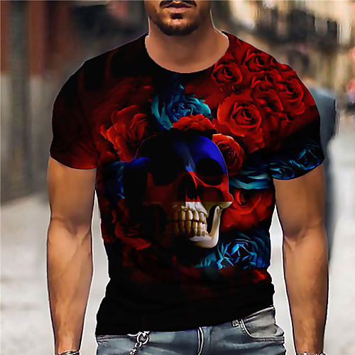 

Men's Unisex Tee T shirt Shirt 3D Print Graphic Prints Skull Rose Print Short Sleeve Daily Tops Casual Designer Big and Tall Red