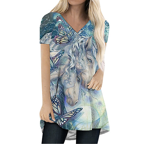 

Women's T Shirt Dress Tee Dress Short Mini Dress Blue Short Sleeve Butterfly Animal Print Spring Summer V Neck Casual Holiday Loose 2021 S M L XL XXL 3XL