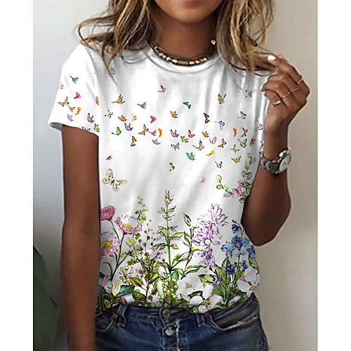 

Women's Floral Theme Butterfly Painting T shirt Floral Butterfly Print Round Neck Basic Tops White