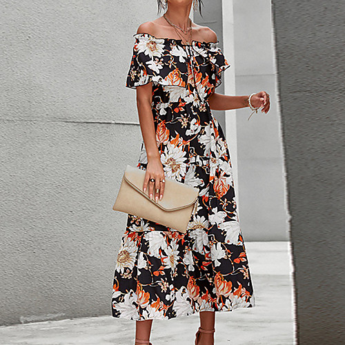 

Women's A Line Dress Midi Dress Black Short Sleeve Floral Print Print Spring Summer Off Shoulder Casual Holiday 2021 S M L XL