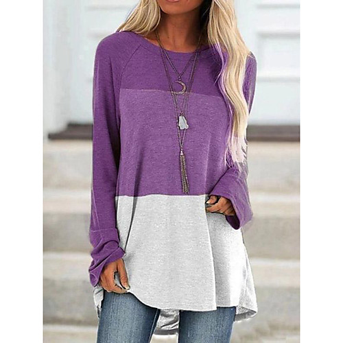 

Women's T shirt Graphic Color Block Long Sleeve Print Round Neck Basic Beach Tops Blue Purple Green