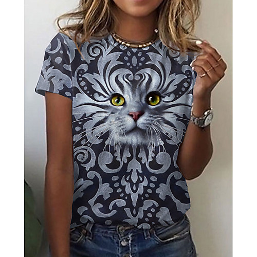 

Women's Cat Painting T shirt Cat Graphic Animal Print Round Neck Basic Tops Gray
