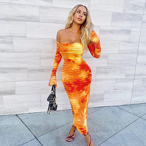 

Women's Sheath Dress Maxi long Dress Orange Long Sleeve Tie Dye Spring Summer Casual / Daily Slim 2021 S M L