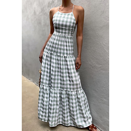 

Women's Strap Dress Maxi long Dress Yellow Green Sleeveless Print Plaid Backless Print Fall Summer Boat Neck Casual Holiday 2021 S M L XL