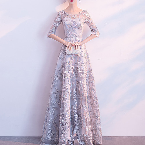 

A-Line Minimalist Elegant Prom Formal Evening Dress Jewel Neck Half Sleeve Floor Length Tulle with Pleats Appliques 2021