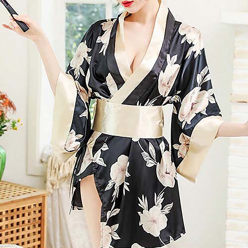 

Women's Kimono Robes Pajamas Bow Floral Spandex Casual V Neck Daily Wear Home Long Sleeve Belt Included / Sexy