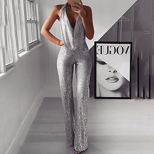 

Women's Ordinary Casual Sexy Party Daily Deep V Sequins Silver Jumpsuit Solid Color Sequins