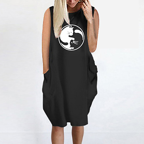 

Women's T Shirt Dress Tee Dress Knee Length Dress Blue Yellow Fuchsia Gray Green White Black Sleeveless Cat Animal Summer Round Neck Casual Oversized 2021 S M L XL XXL 3XL 4XL 5XL