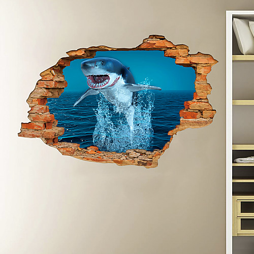 

3D Broken Wall Undersea World Water Shark Home Children's Room Background Decoration Can Be Removed Stickers
