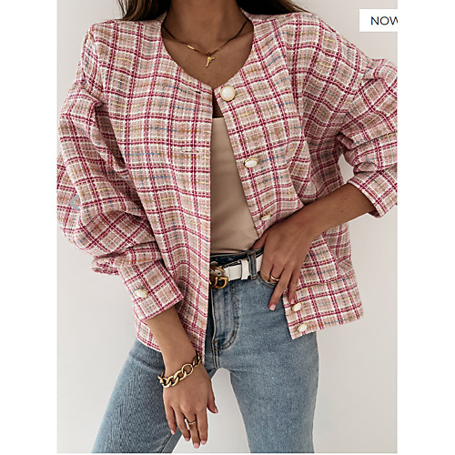 

Women's Coat Daily Wear Spring Summer Regular Coat Regular Fit Casual / Daily Jacket Plaid / Check Button Light Blue Blushing Pink