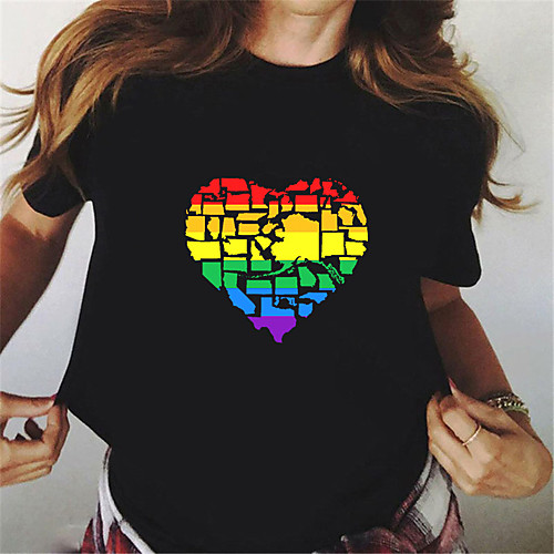 

Women's Painting T shirt Rainbow Heart Print Round Neck Basic LGBT Pride Tops White Black