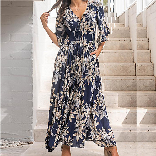 

Women's Chiffon Dress Maxi long Dress Navy Blue Half Sleeve Floral Fall Winter V Neck Casual Boho 2021 S M L XL XXL XXXL